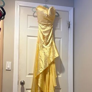 Elegant Asymmetrical Ruffle Hem, Corset Back Satin Gown in Yellow 4